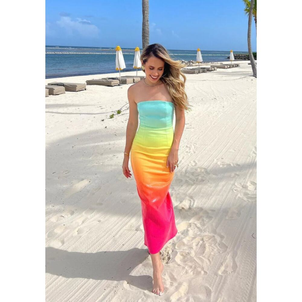 NWT RuNAWaY Malibu Midi Dress Rainbow Ombre Strapless Sequin Bodycon Size L